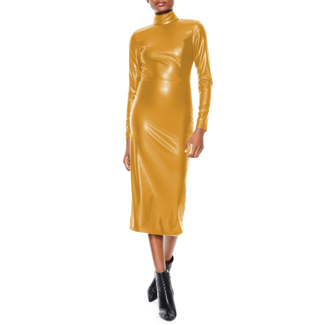 Elegant Evening Women Long Sleeve Faux PU Leather Pencil Dress Sexy Zipper Backless High Neck Midi Dress Ladies Party Dresses