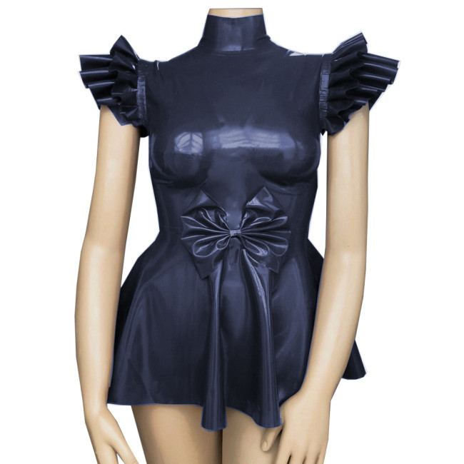 Turtleneck Faux PVC Leather Mini Pleated Dresses Fetish Ruffles Sleeveless A-line Bow Dress Lingerie Sexy Female Evening Dress