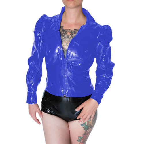 Zipper Stand Collar Jackets Women Slim Shiny PVC Leather Puff Long Sleeve Coats Leisure Ladies Outerwear Punk Gothic Clubwear
