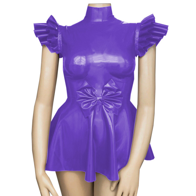 Turtleneck Faux PVC Leather Mini Pleated Dresses Fetish Ruffles Sleeveless A-line Bow Dress Lingerie Sexy Female Evening Dress