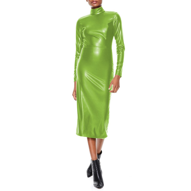 Elegant Evening Women Long Sleeve Faux PU Leather Pencil Dress Sexy Zipper Backless High Neck Midi Dress Ladies Party Dresses