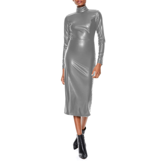 Elegant Evening Women Long Sleeve Faux PU Leather Pencil Dress Sexy Zipper Backless High Neck Midi Dress Ladies Party Dresses