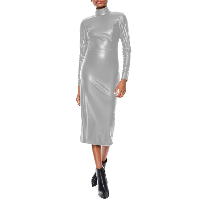 Elegant Evening Women Long Sleeve Faux PU Leather Pencil Dress Sexy Zipper Backless High Neck Midi Dress Ladies Party Dresses