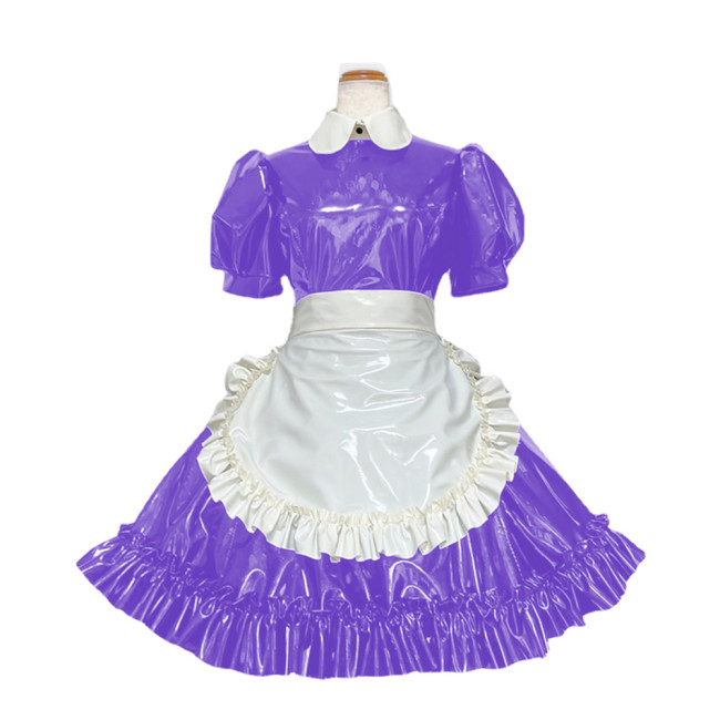 Sissy Ruffles French Shiny PVC Leather Turn-down Collar Short Sleeve Apron Maid Dress Outfits Halloween Party Fancy Maid Uniform