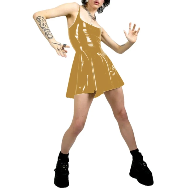 Women Sexy Tank Scoop Neck Sheath Mini Dress PVC Faux Latex Backless Bodycon A-line Short Dress Club Night Party Fetish Clothing