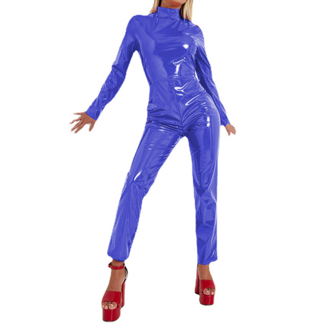 Women Wet Look PVC Full Sleeve High Neck Catsuits Pencil Pants Faux Latex Sexy Bodycon Jumpsuits High Street Party Club S-7XL