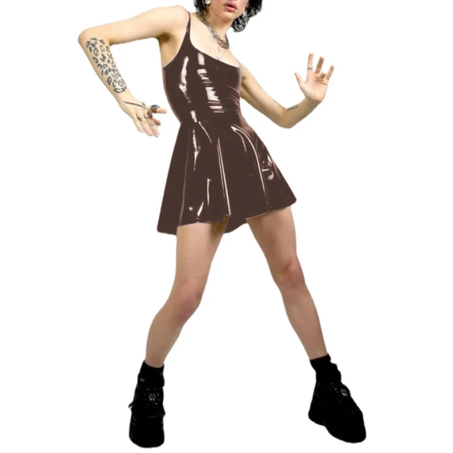 Women Sexy Tank Scoop Neck Sheath Mini Dress PVC Faux Latex Backless Bodycon A-line Short Dress Club Night Party Fetish Clothing