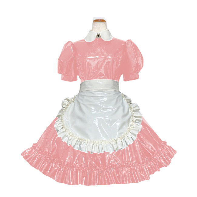 Sissy Ruffles French Shiny PVC Leather Turn-down Collar Short Sleeve Apron Maid Dress Outfits Halloween Party Fancy Maid Uniform