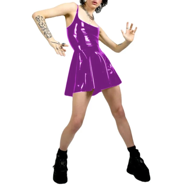Women Sexy Tank Scoop Neck Sheath Mini Dress PVC Faux Latex Backless Bodycon A-line Short Dress Club Night Party Fetish Clothing
