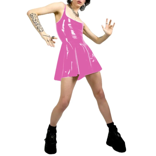 Women Sexy Tank Scoop Neck Sheath Mini Dress PVC Faux Latex Backless Bodycon A-line Short Dress Club Night Party Fetish Clothing