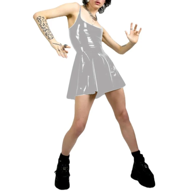 Women Sexy Tank Scoop Neck Sheath Mini Dress PVC Faux Latex Backless Bodycon A-line Short Dress Club Night Party Fetish Clothing
