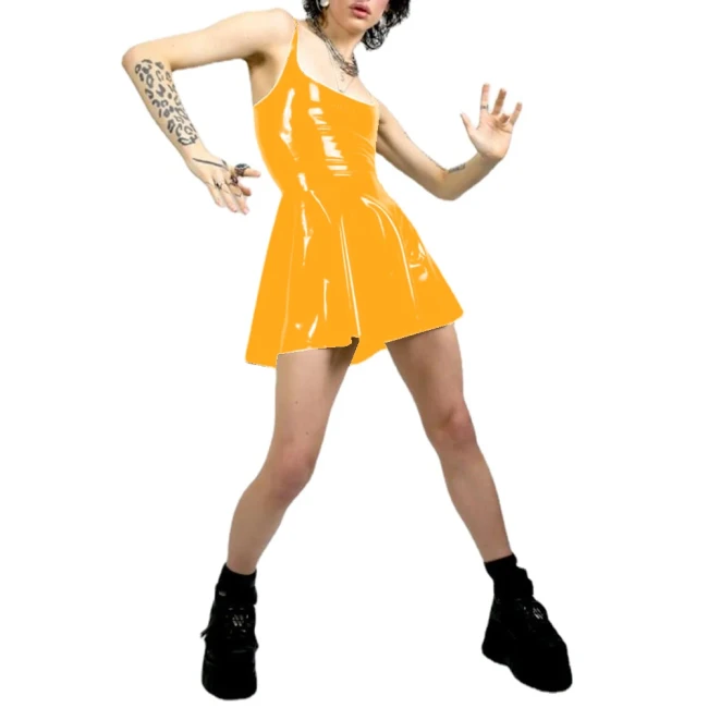Women Sexy Tank Scoop Neck Sheath Mini Dress PVC Faux Latex Backless Bodycon A-line Short Dress Club Night Party Fetish Clothing