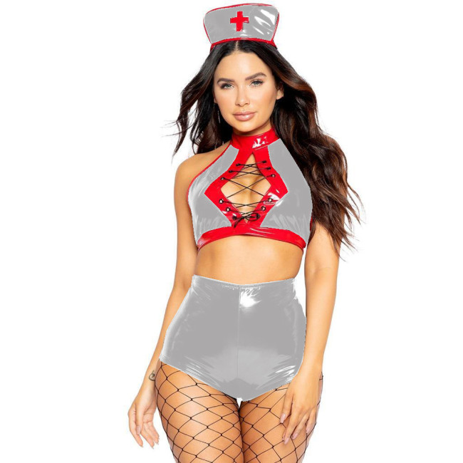 Glossy PVC Women 3 Piece Sets Nurse Uniform Lingerie Sets Sexy Slim Lace-up Bra Tops and Brief Headband Underwear Costumes S-7XL