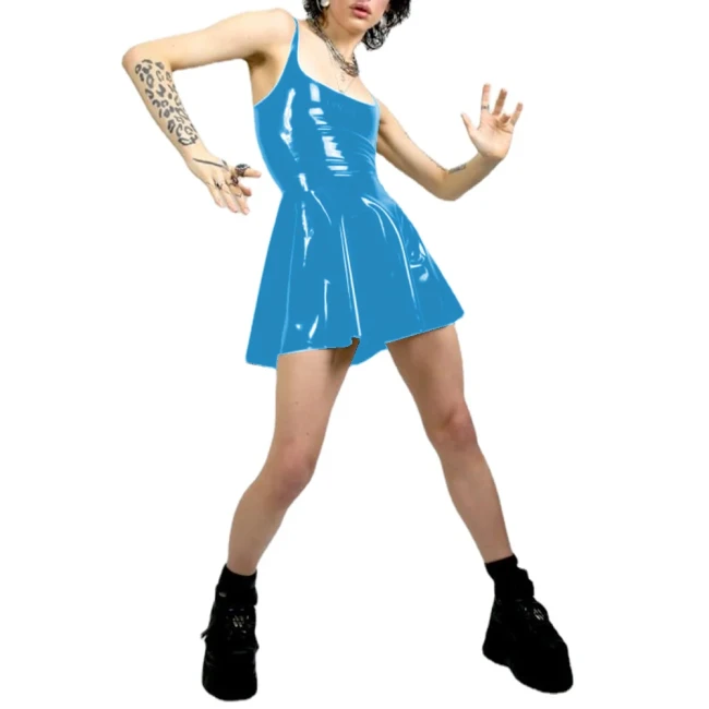 Women Sexy Tank Scoop Neck Sheath Mini Dress PVC Faux Latex Backless Bodycon A-line Short Dress Club Night Party Fetish Clothing