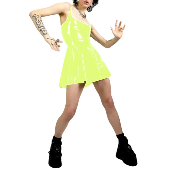 Women Sexy Tank Scoop Neck Sheath Mini Dress PVC Faux Latex Backless Bodycon A-line Short Dress Club Night Party Fetish Clothing