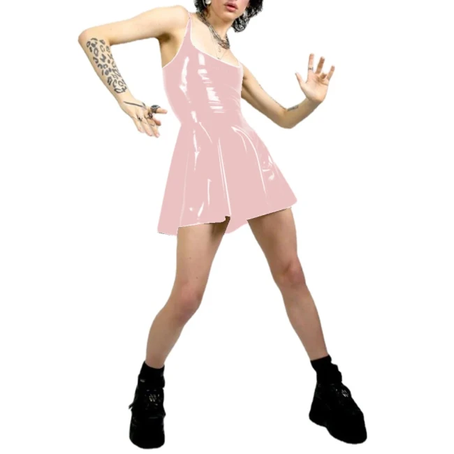 Women Sexy Tank Scoop Neck Sheath Mini Dress PVC Faux Latex Backless Bodycon A-line Short Dress Club Night Party Fetish Clothing