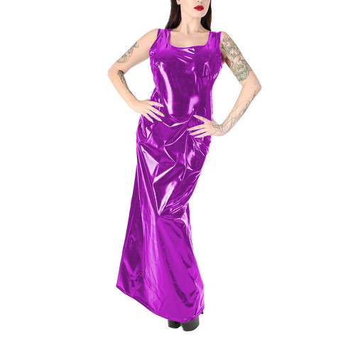 Fashion Casual Square Collar Sleeveless Faux PVC Leather Long Dress Sexy Female Solid Color Straight Ankle Length Dress Vestidos