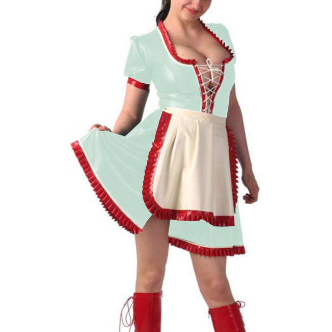 Sissy Sexy Lace-up Hollow Out A-line Maid Dress Shiny PVC Ruffles Short Sleeve Apron Maid Uniform Halloween Cosplay Maid Outfits
