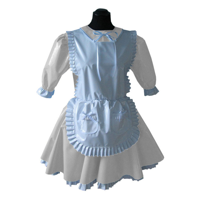 Sissy Lolita Lockable Short Sleeve Maid Uniforms Ruffles Trims Vinyl PVC Leather Maid Dress Unisex A-line Cosplay Maid Outfits