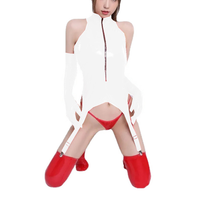 Women Sexy Half High Neck Sleevless Sheath Tops Garter With Gloves PVC Faux Latex Bodycon Bodysuits Club Night Party Lingerie