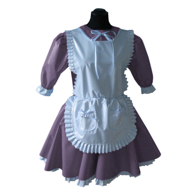 Sissy Lolita Lockable Short Sleeve Maid Uniforms Ruffles Trims Vinyl PVC Leather Maid Dress Unisex A-line Cosplay Maid Outfits