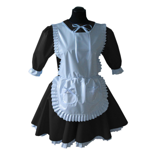 Sissy Lolita Lockable Short Sleeve Maid Uniforms Ruffles Trims Vinyl PVC Leather Maid Dress Unisex A-line Cosplay Maid Outfits