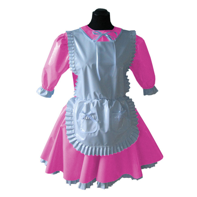 Sissy Lolita Lockable Short Sleeve Maid Uniforms Ruffles Trims Vinyl PVC Leather Maid Dress Unisex A-line Cosplay Maid Outfits