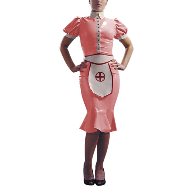 Sissy Turn-down Collar Shiny PVC Ruffles Nurse Dress Sets Raves Party Cosplay Nurse Costume Short Sleeve Wet Look Nurse Uniform
