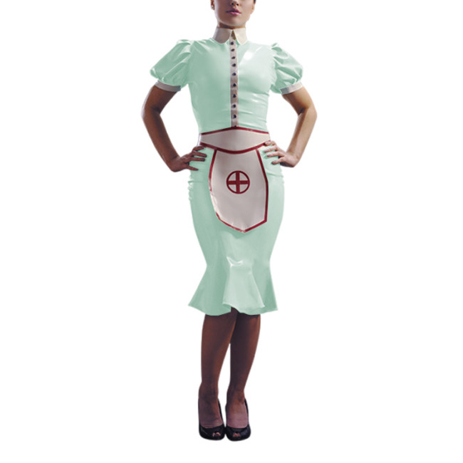 Sissy Turn-down Collar Shiny PVC Ruffles Nurse Dress Sets Raves Party Cosplay Nurse Costume Short Sleeve Wet Look Nurse Uniform