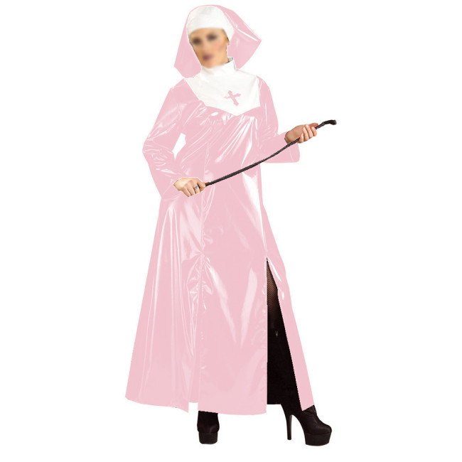 Glossy PVC Nun Dress Suit Uniform Full Sleeve High Collar Long Dress with Nun Headgear Cosplay Party Fetish Halloween Costume