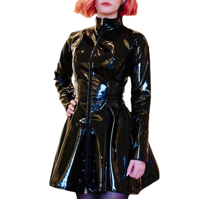 Punk Gothic Zipper Turtleneck PVC Shiny A-line Dress Sexy Pleated Long Sleeve Flared Mini Club Dress Womens Streetwear Fetish