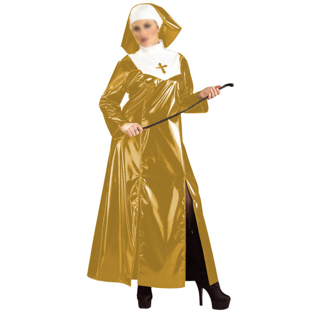 Glossy PVC Nun Dress Suit Uniform Full Sleeve High Collar Long Dress with Nun Headgear Cosplay Party Fetish Halloween Costume