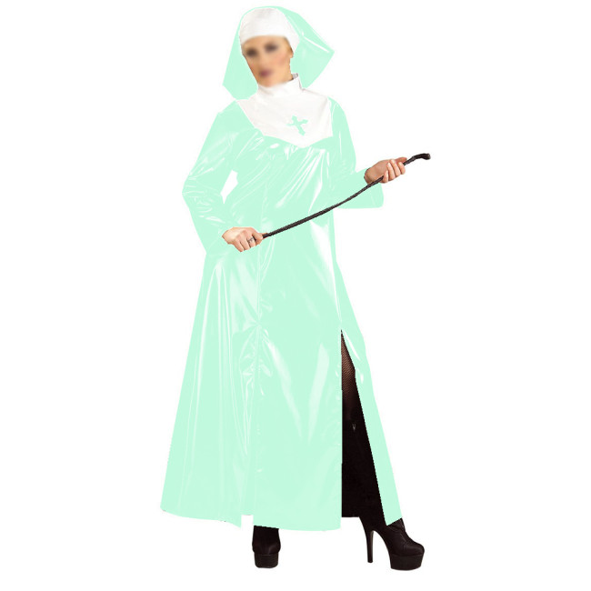 Glossy PVC Nun Dress Suit Uniform Full Sleeve High Collar Long Dress with Nun Headgear Cosplay Party Fetish Halloween Costume