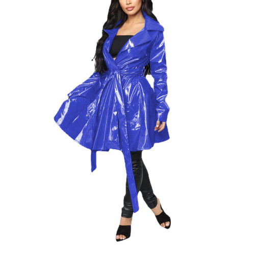 Fashion Casual Glossy PVC Leather Long Trench Coat Womens Turn-Down Collar Belted Coat Female Long Sleeve Overcoat Streetwear