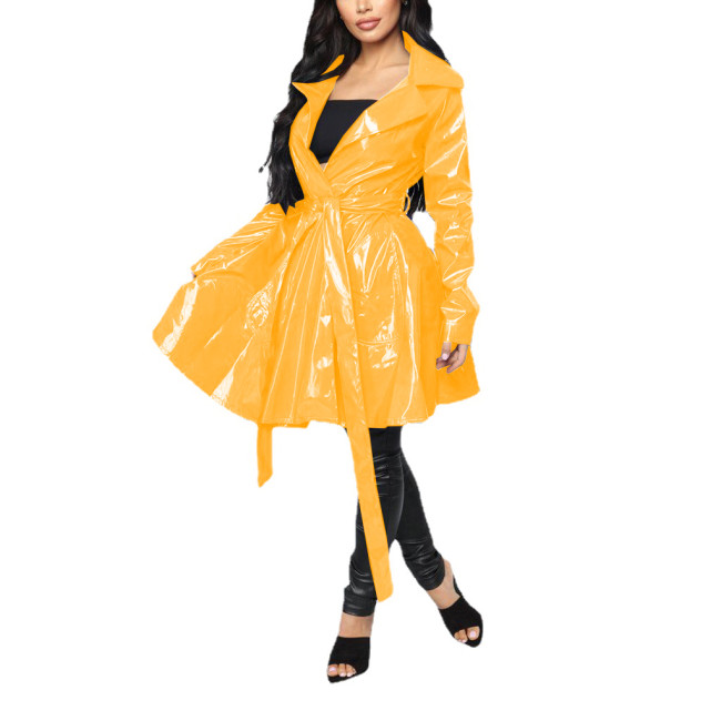 Fashion Casual Glossy PVC Leather Long Trench Coat Womens Turn-Down Collar Belted Coat Female Long Sleeve Overcoat Streetwear