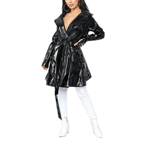 Fashion Casual Glossy PVC Leather Long Trench Coat Womens Turn-Down Collar Belted Coat Female Long Sleeve Overcoat Streetwear