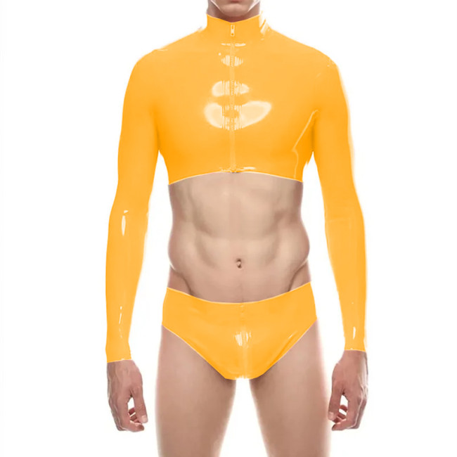 Mens Shiny PVC Leather Short Jacket Sets Sexy Long Sleeve Zipper Crop Top with Low Rise Panties Clubwear Raves Party Outfits