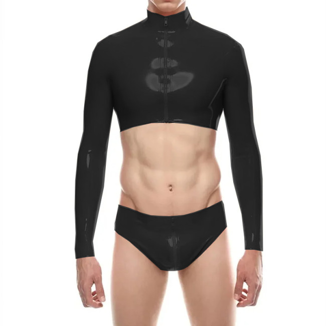 Mens Shiny PVC Leather Short Jacket Sets Sexy Long Sleeve Zipper Crop Top with Low Rise Panties Clubwear Raves Party Outfits