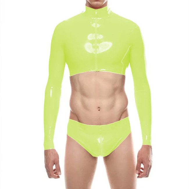 Mens Shiny PVC Leather Short Jacket Sets Sexy Long Sleeve Zipper Crop Top with Low Rise Panties Clubwear Raves Party Outfits