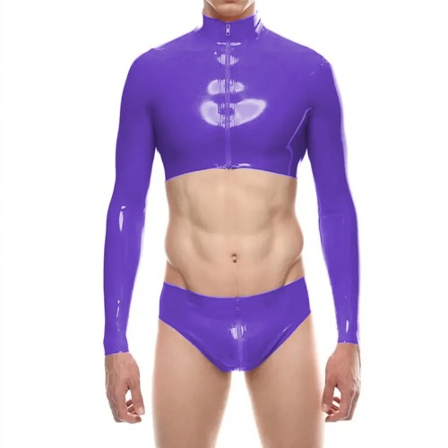 Mens Shiny PVC Leather Short Jacket Sets Sexy Long Sleeve Zipper Crop Top with Low Rise Panties Clubwear Raves Party Outfits