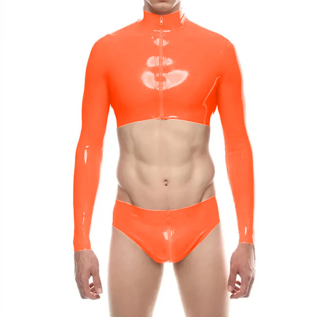 Mens Shiny PVC Leather Short Jacket Sets Sexy Long Sleeve Zipper Crop Top with Low Rise Panties Clubwear Raves Party Outfits