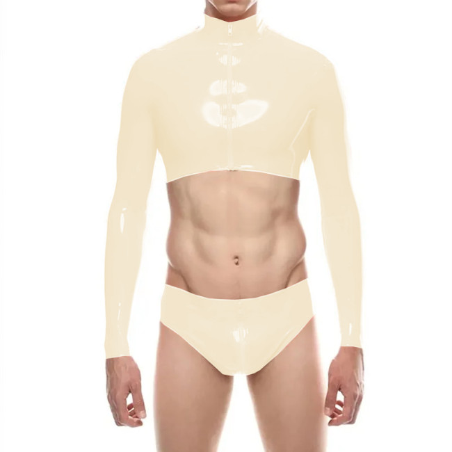 Mens Shiny PVC Leather Short Jacket Sets Sexy Long Sleeve Zipper Crop Top with Low Rise Panties Clubwear Raves Party Outfits
