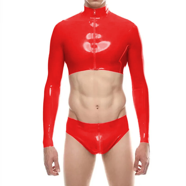 Mens Shiny PVC Leather Short Jacket Sets Sexy Long Sleeve Zipper Crop Top with Low Rise Panties Clubwear Raves Party Outfits