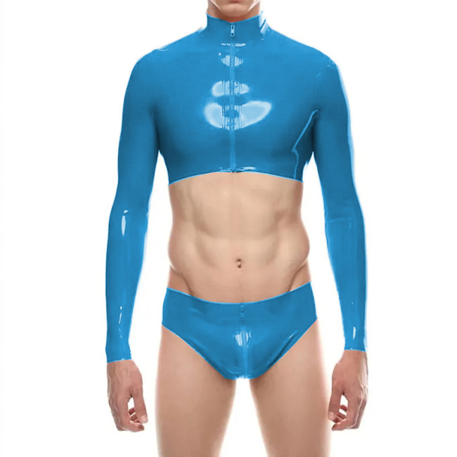 Mens Shiny PVC Leather Short Jacket Sets Sexy Long Sleeve Zipper Crop Top with Low Rise Panties Clubwear Raves Party Outfits