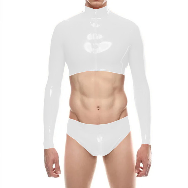 Mens Shiny PVC Leather Short Jacket Sets Sexy Long Sleeve Zipper Crop Top with Low Rise Panties Clubwear Raves Party Outfits