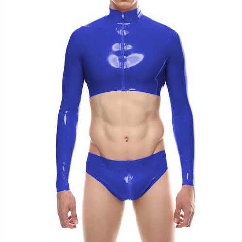 Mens Shiny PVC Leather Short Jacket Sets Sexy Long Sleeve Zipper Crop Top with Low Rise Panties Clubwear Raves Party Outfits