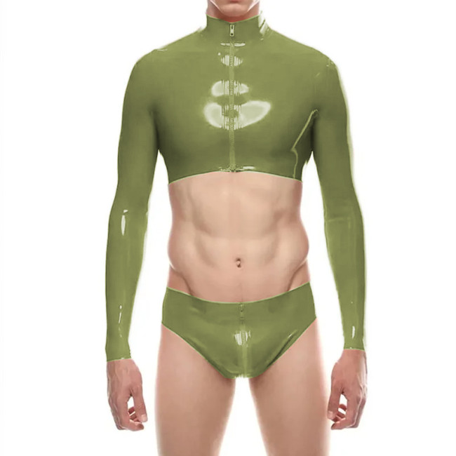 Mens Shiny PVC Leather Short Jacket Sets Sexy Long Sleeve Zipper Crop Top with Low Rise Panties Clubwear Raves Party Outfits