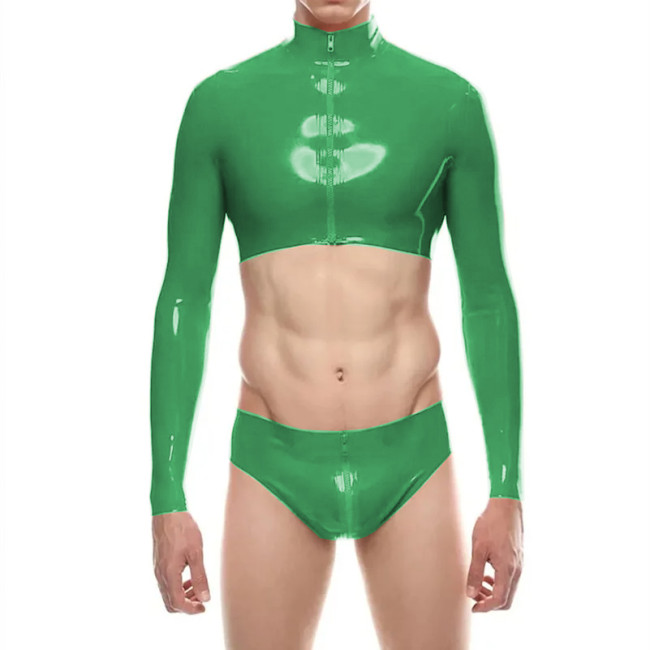 Mens Shiny PVC Leather Short Jacket Sets Sexy Long Sleeve Zipper Crop Top with Low Rise Panties Clubwear Raves Party Outfits