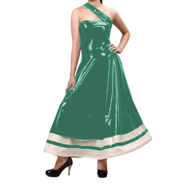 Sexy Women Elegant Wet Look PVC Sleeveless Oblique Strap Flare Dress Vestidos Party Ball Gown Wedding Evening Long Dress S-7XL