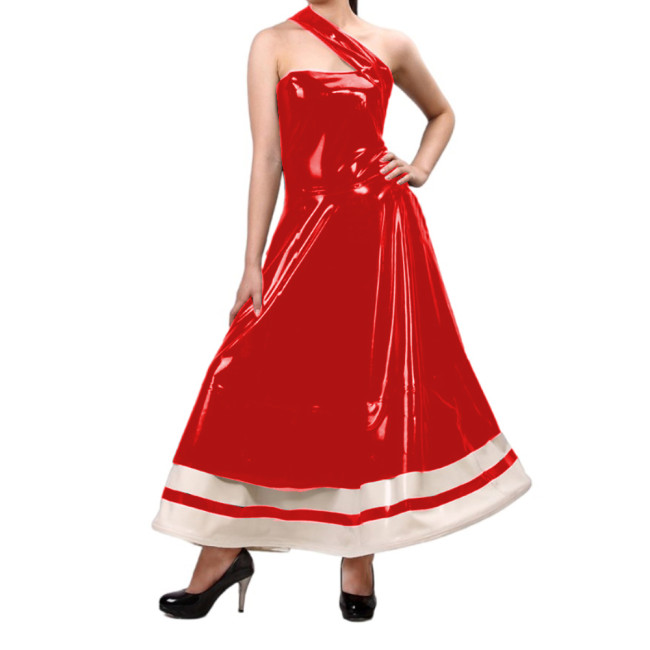 Sexy Women Elegant Wet Look PVC Sleeveless Oblique Strap Flare Dress Vestidos Party Ball Gown Wedding Evening Long Dress S-7XL